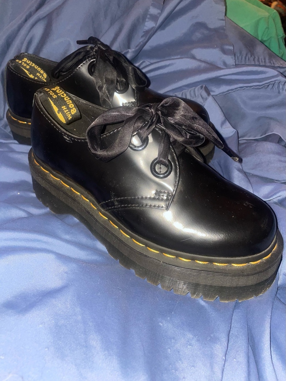 Dr. Martens Black Patent Platform Lace-Up Shoes with Yellow Stitching